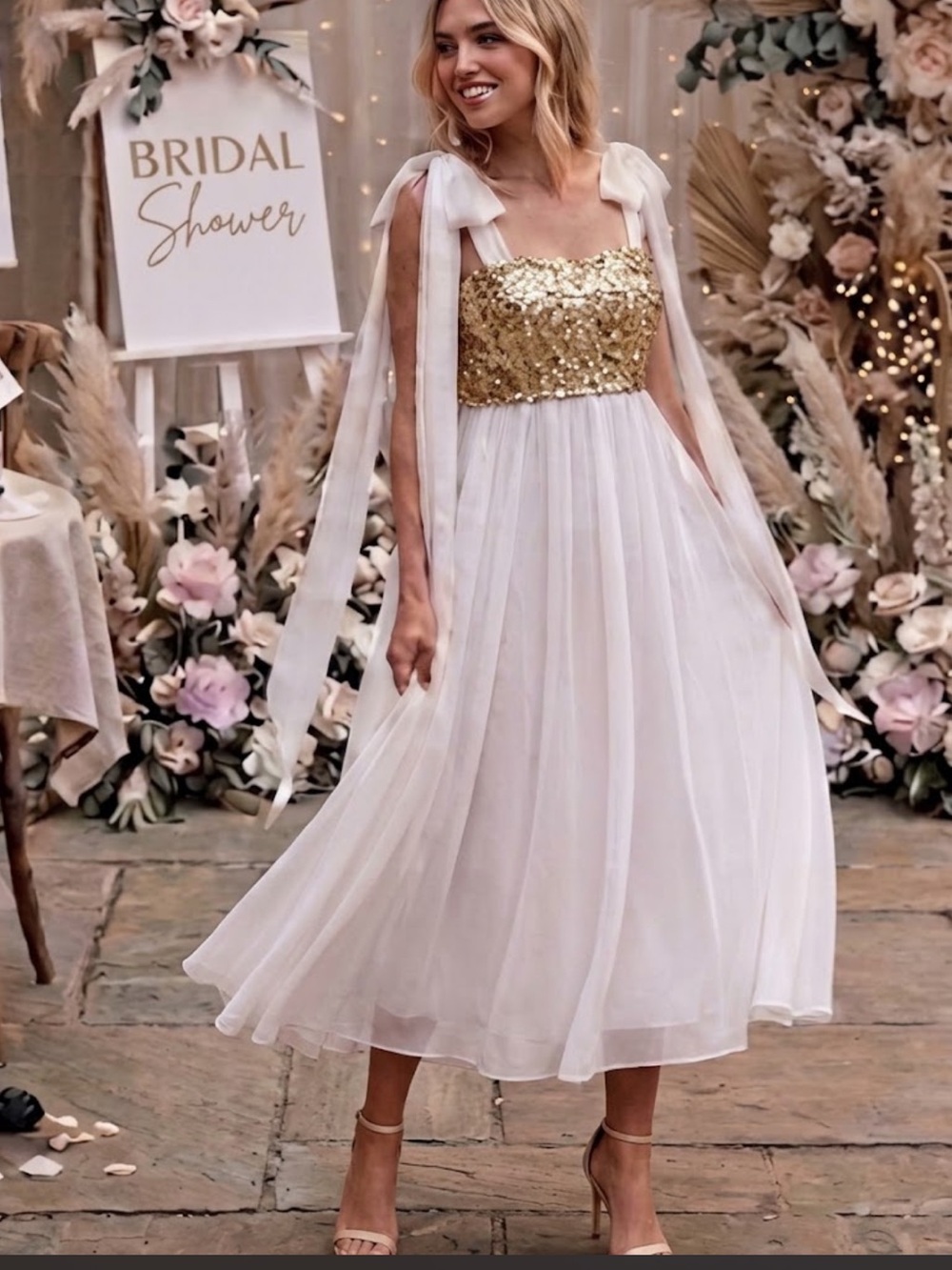 LoveShackFancy x Free People Romia 2 | XS White Gold Sequin Wedding Formal